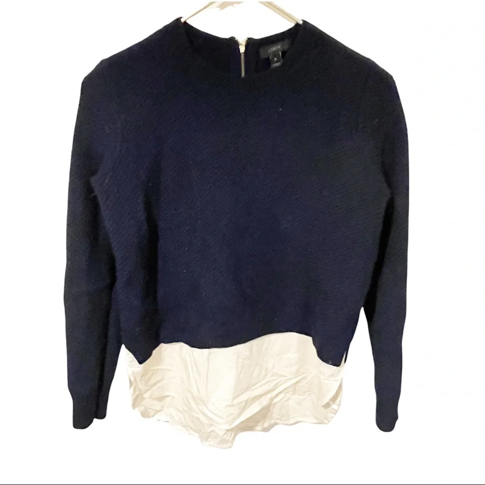 J. Crew Small Navy Waffle‎ Knit Lambswool Shirttail Crewneck Sweater